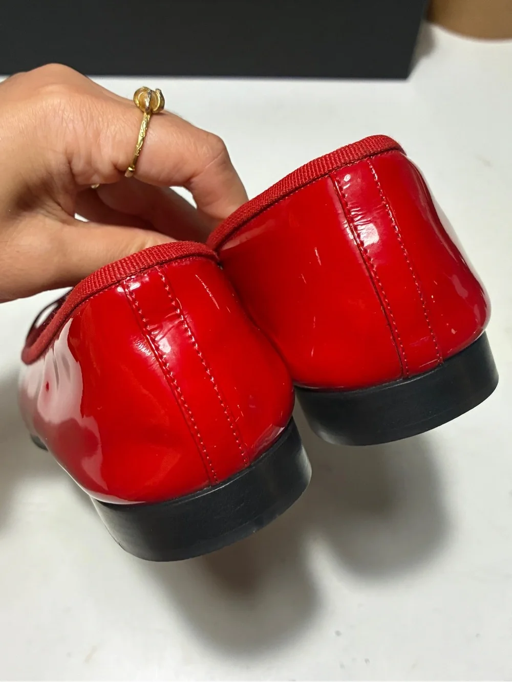 CHANEL Red and Black Patent Cap-Toe Ballet Flats
